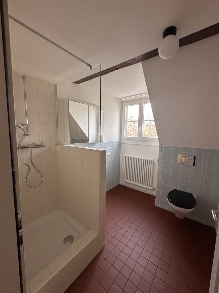 Modernes, neu gestaltetes Badezimmer unter der Dachschräge mit rotem Fliesenboden, begehbarer Dusche und hellblauen Wandfliesen.